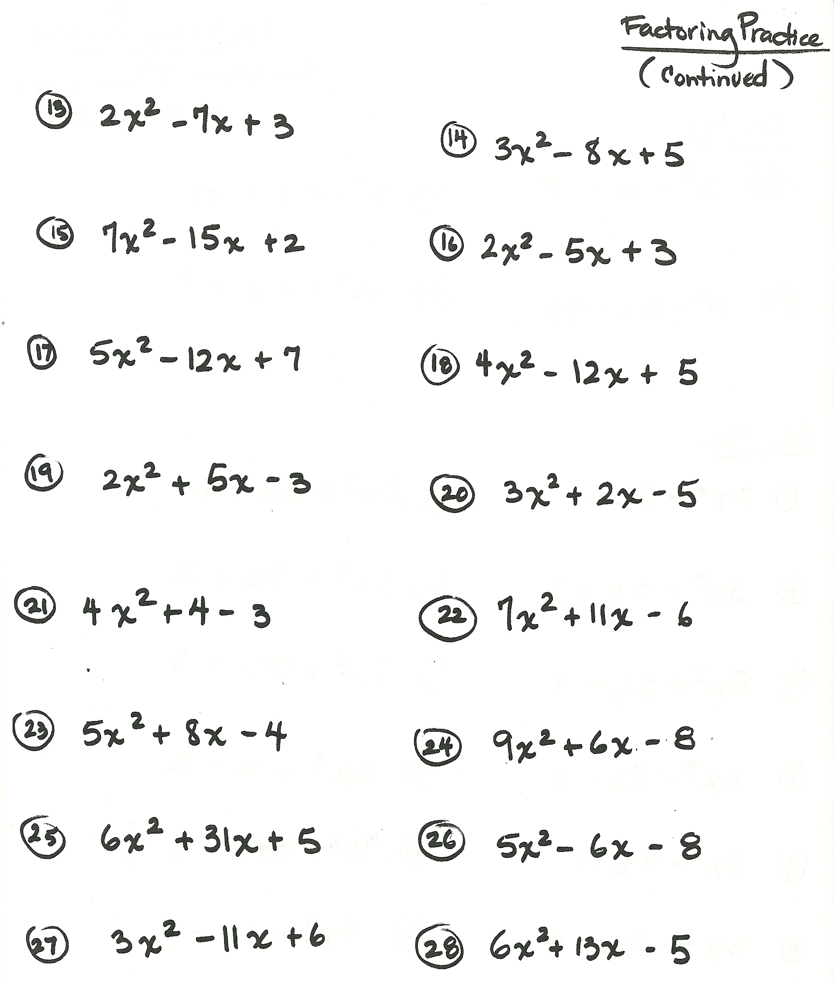 Algebra 1 Factoring Worksheet